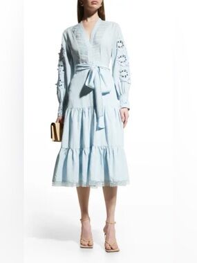 Kobi Halperin Light Blue Embroidered Long Sleeve Tiered Dress with Tie Waist